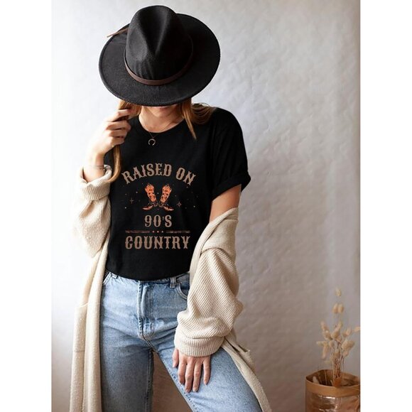 🆕 Women Black Raised on 90s Country Tops Vintage Music Graphic Casual T-Shirt - Picture 3 of 6